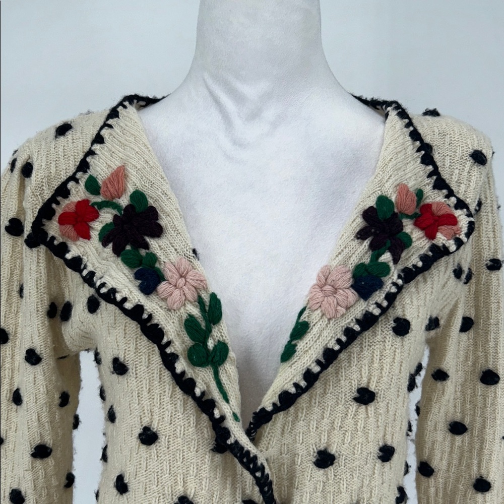 TACH Black and Cream Polka Dot Cardigan Farah Hand-Knitted Wool Cardigan SZ XS - Picture 6 of 15